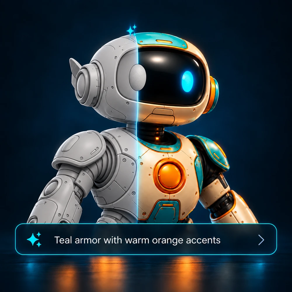 Robot changing from gray to teal and orange with an automatic coloring prompt