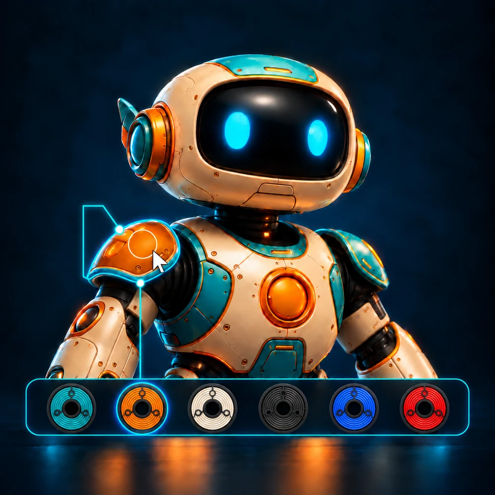 Robot with its shoulder selected for manual recoloring and colorful filament spools