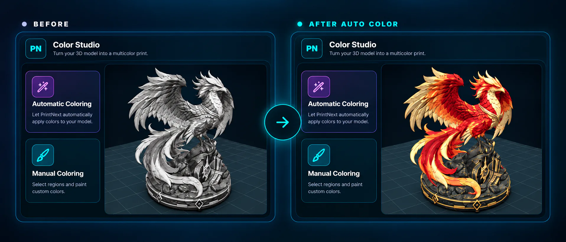 The same phoenix STL before coloring and after automatic multicolor design in PrintNext Color Studio