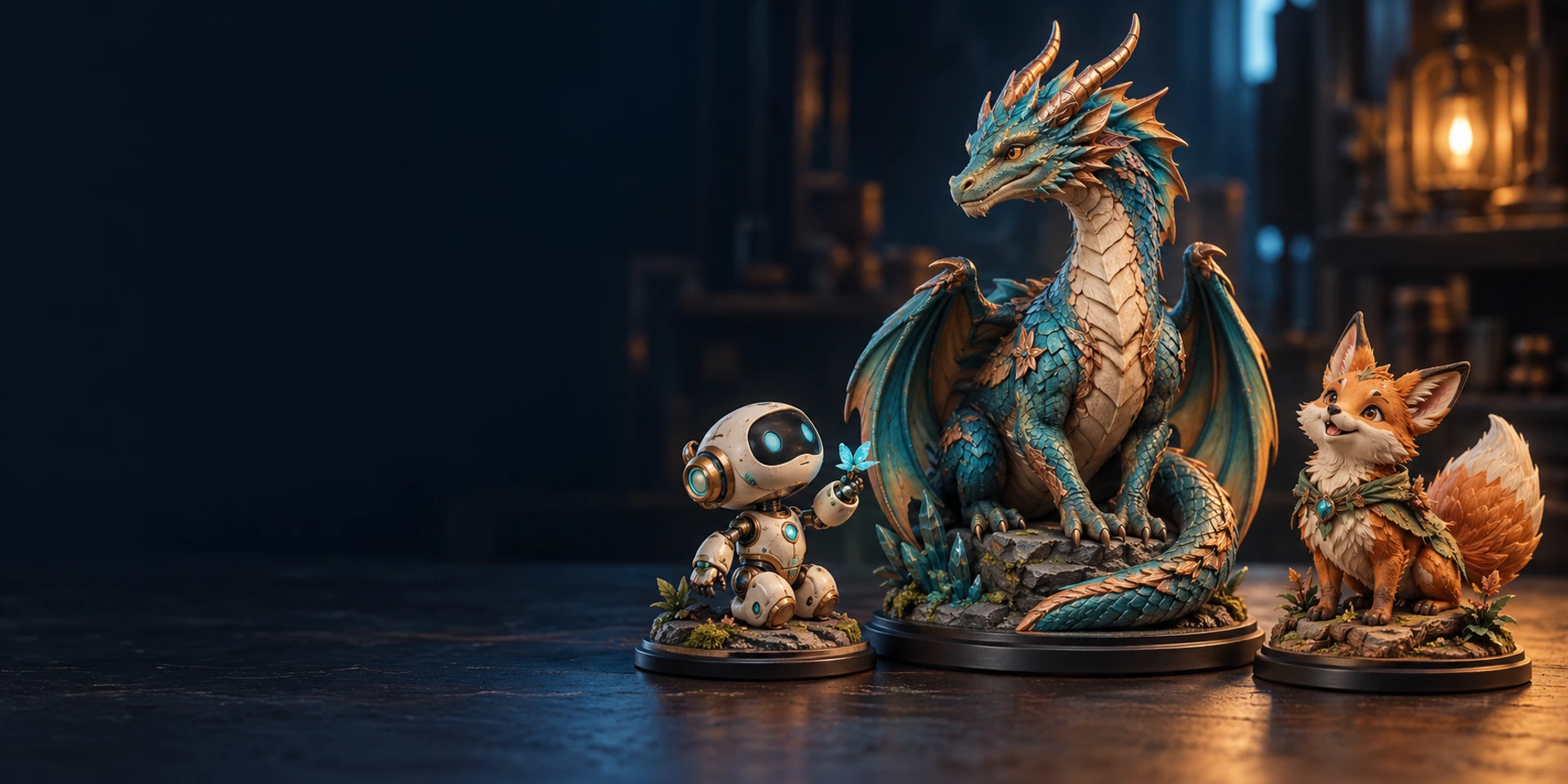 Concept illustration of full-color dragon, robot and fox figurines on display bases