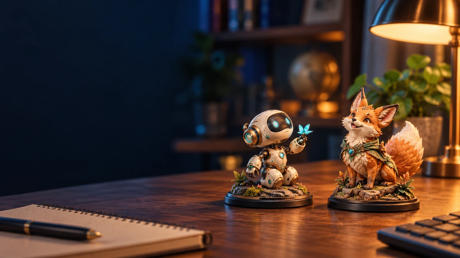 Concept illustration of an ivory robot and woodland fox figurine on a walnut desk