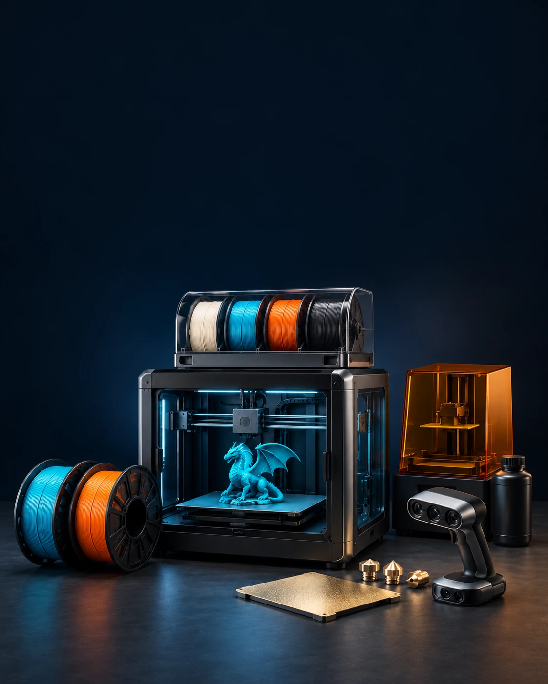 3D printers, colorful filament, a cyan dragon print, resin, a scanner and a build plate