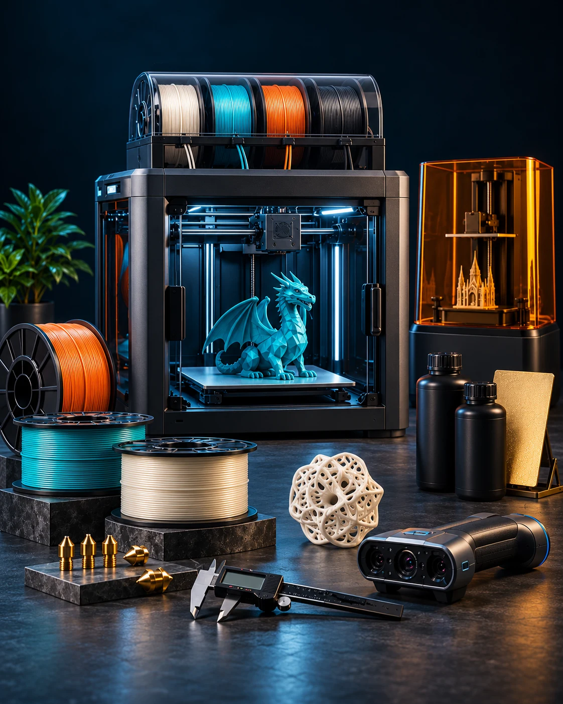3D printers, colorful filament, resin, build plates, and a handheld 3D scanner in a maker workshop