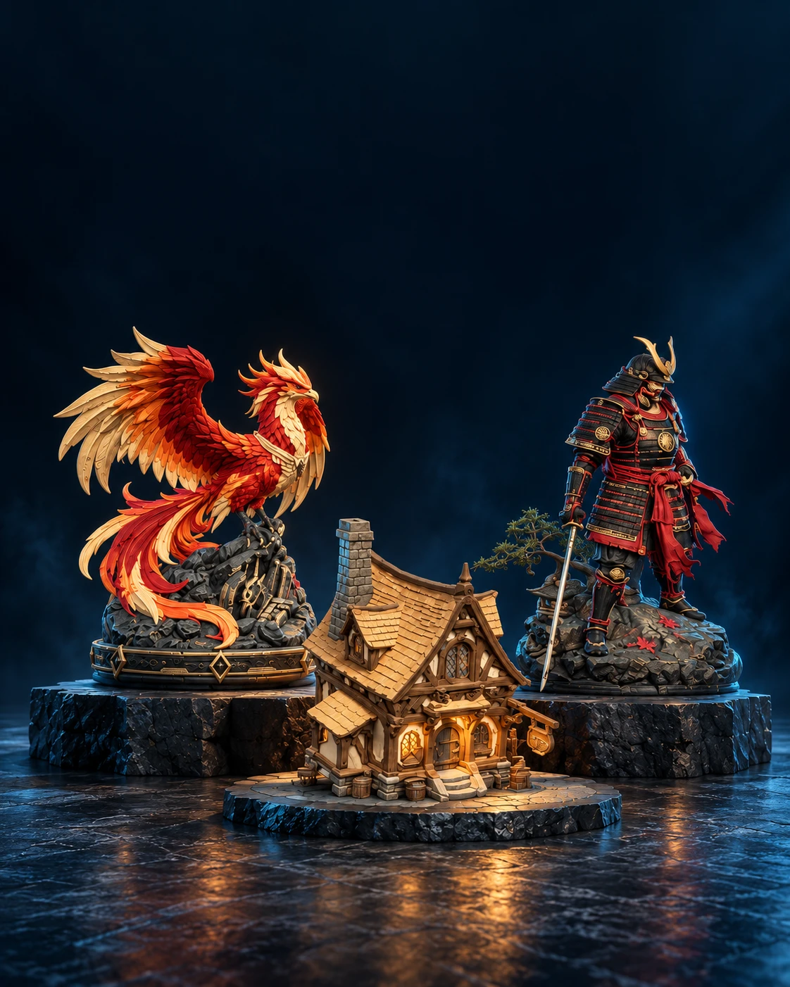 A red and gold phoenix, warmly lit fantasy tavern, and samurai figurine displayed in a midnight gallery