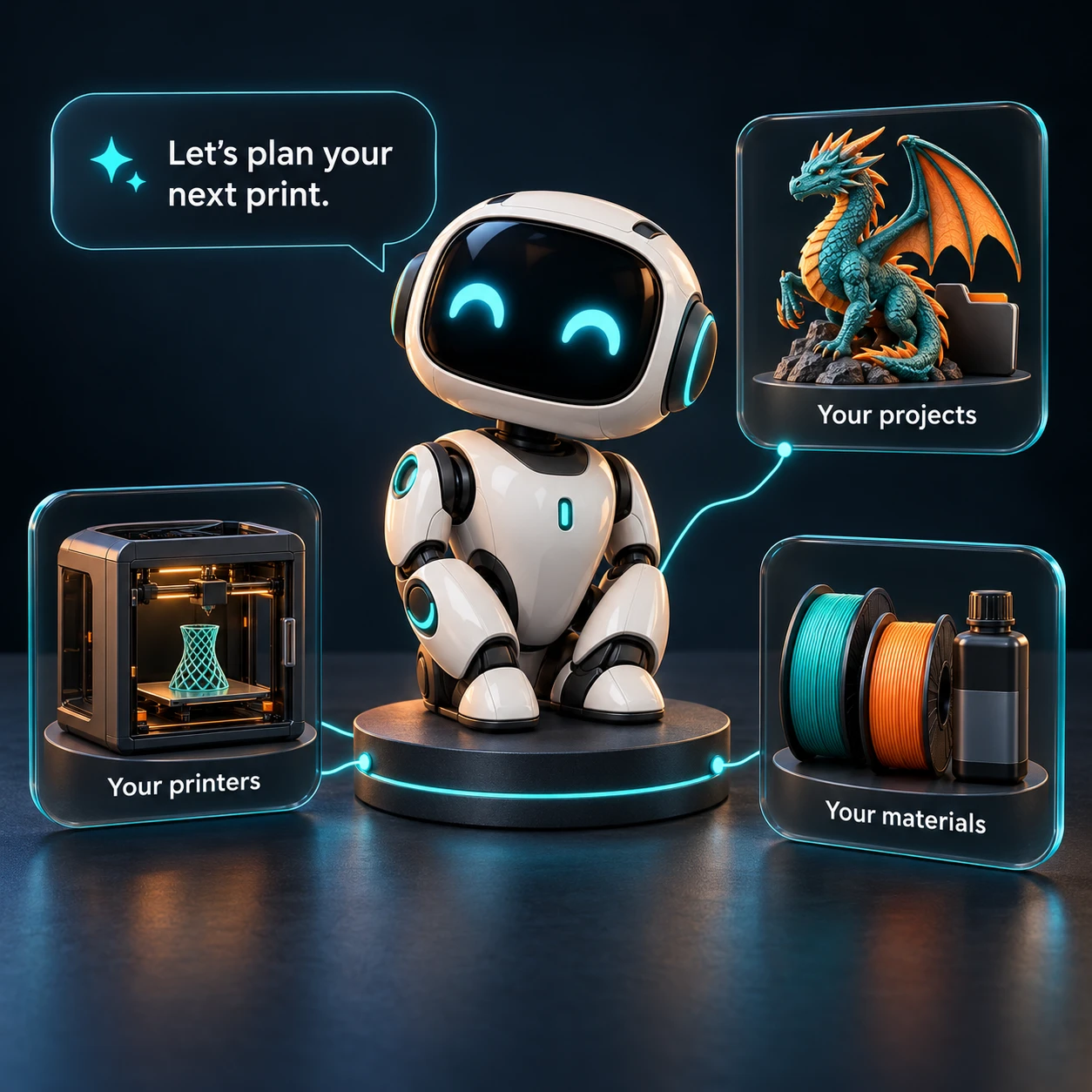 A friendly AI assistant connected to your projects, printers, and materials