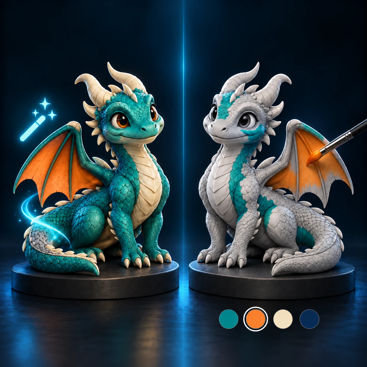 Twin dragon models showing automatic coloring on the left and manual painting with a color palette on the right