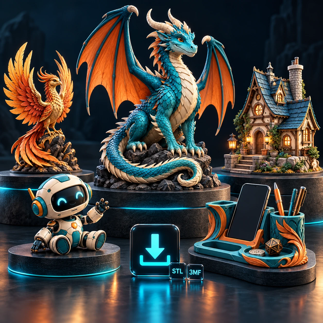 A colorful dragon, phoenix, miniature house, robot, and desk organizer with STL and 3MF download symbols