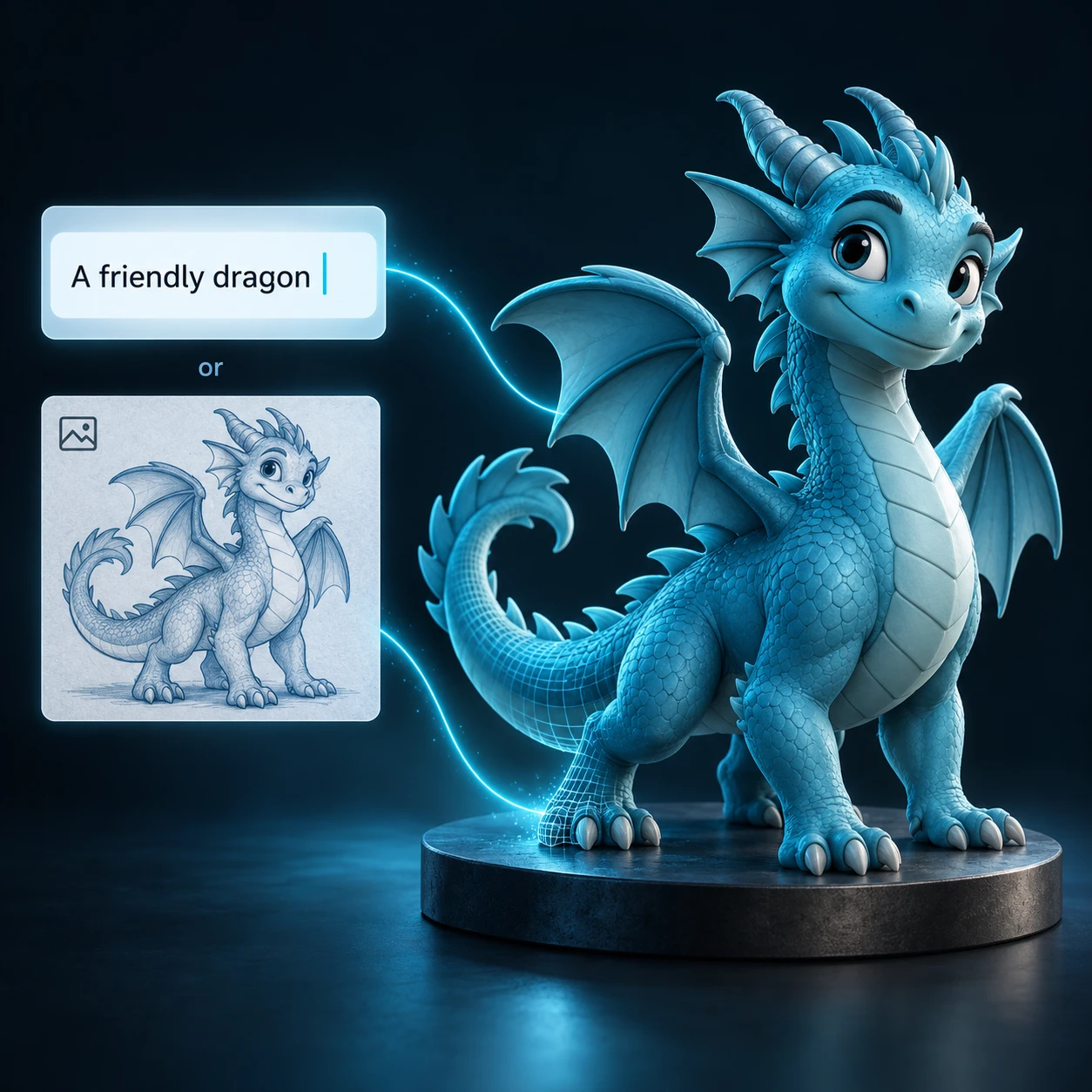 A friendly blue dragon becoming a 3D model from a text prompt or reference sketch