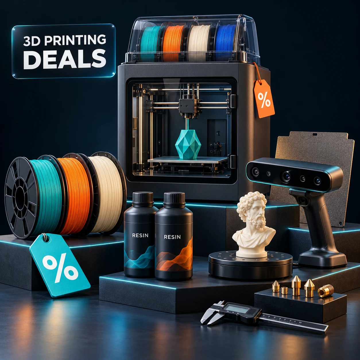 A display of 3D printers, filament, resin, a scanner, and printing accessories