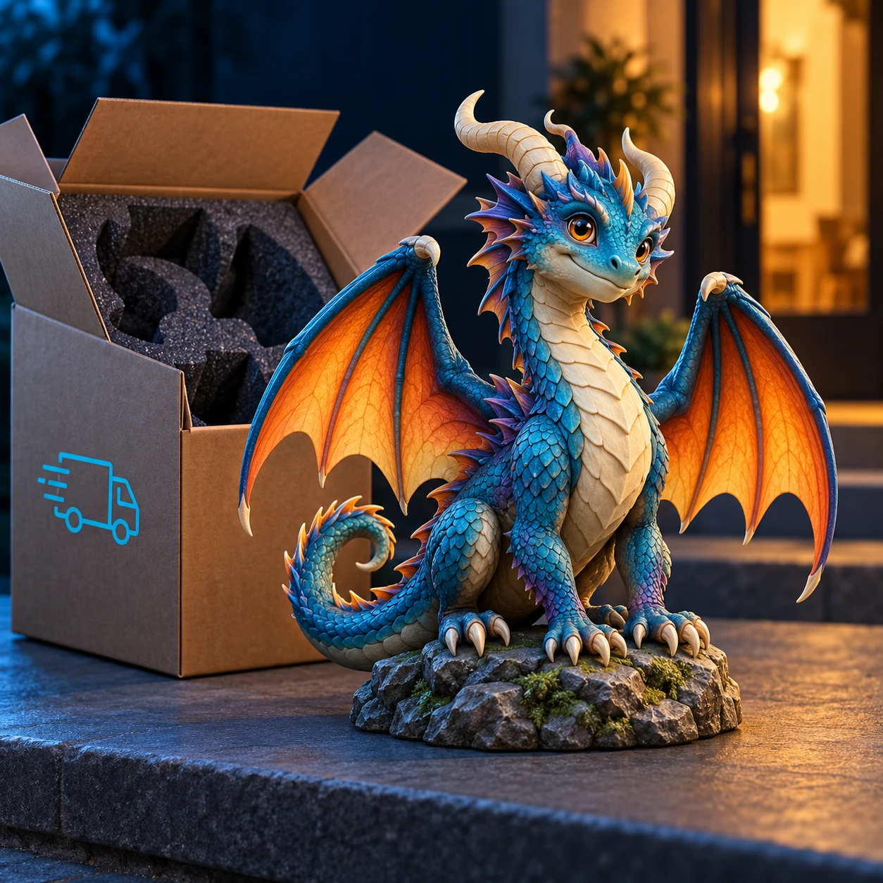 A full-color blue and orange dragon figurine beside a shipping box with protective foam