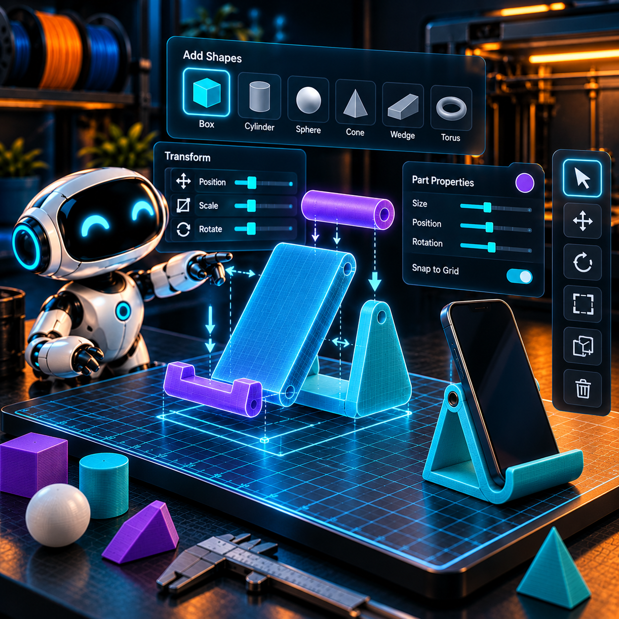 A friendly robot assembling a phone stand from colorful shapes with position, scale and rotation controls