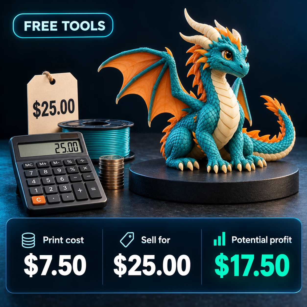 A dragon model, filament, and calculator illustrating example print costs, selling price, and potential profit