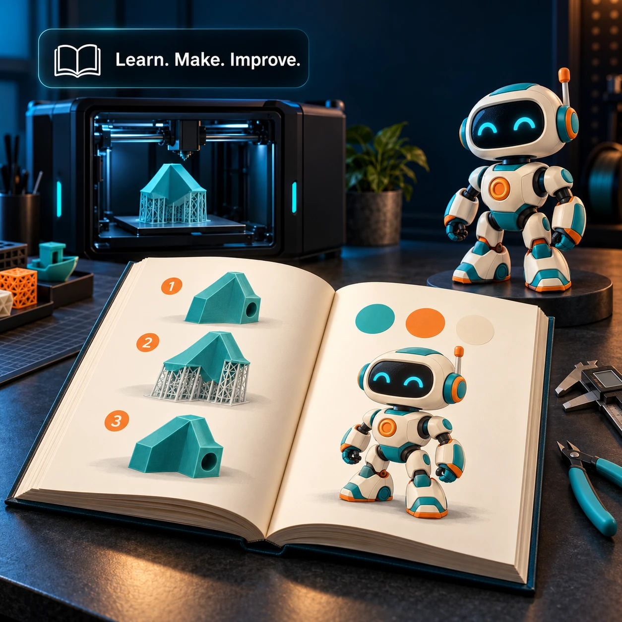 An illustrated 3D printing guide beside a printer, tools, and a friendly robot
