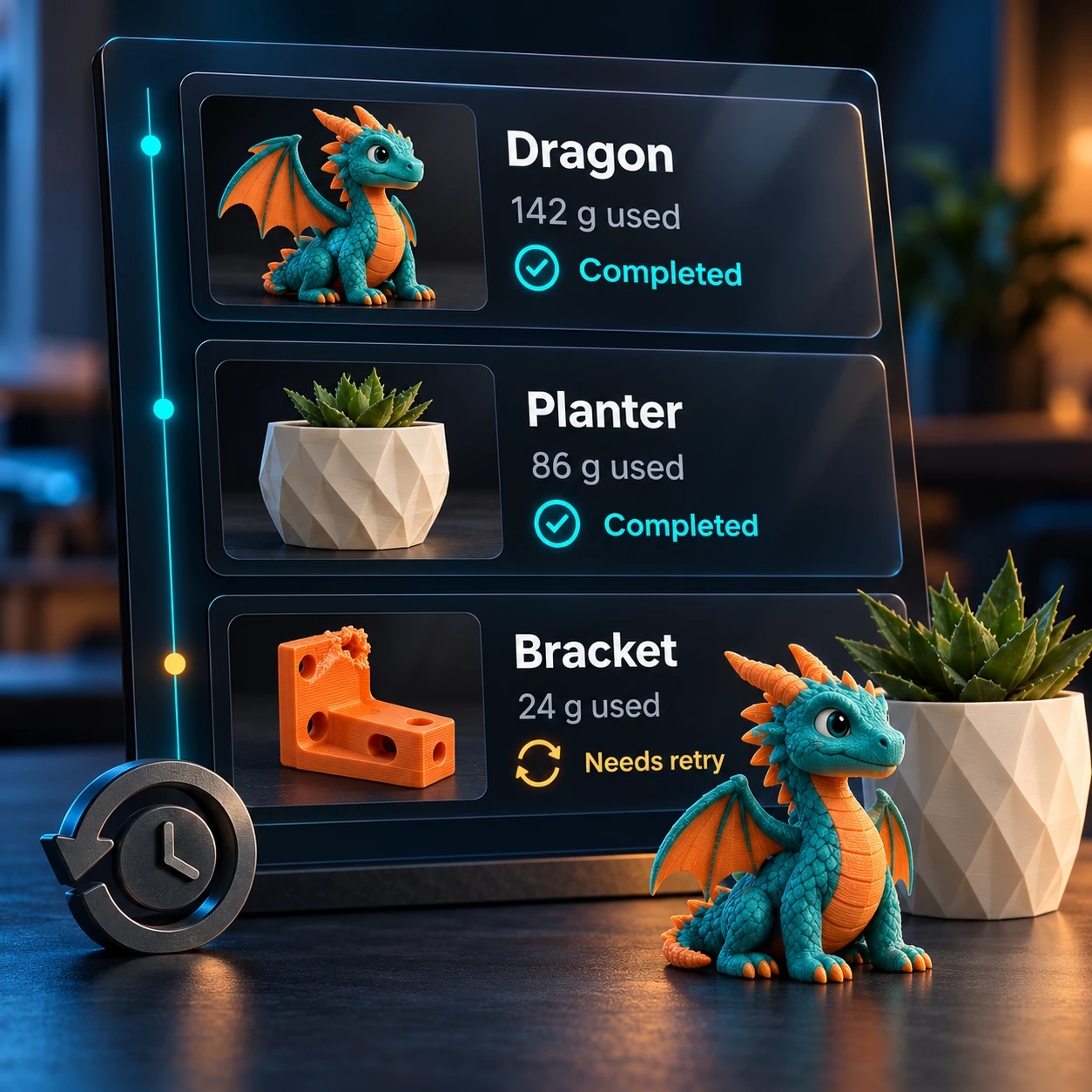 An illustrated print history with completed dragon and planter prints and a bracket needing a retry