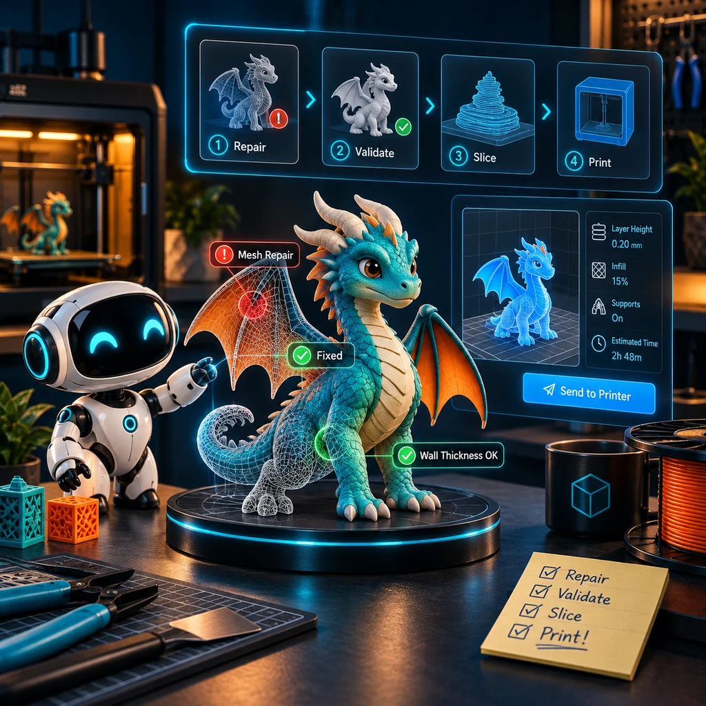 A friendly robot helping repair a colorful dragon, with illustrated mesh checks and sliced layers on a printer build plate