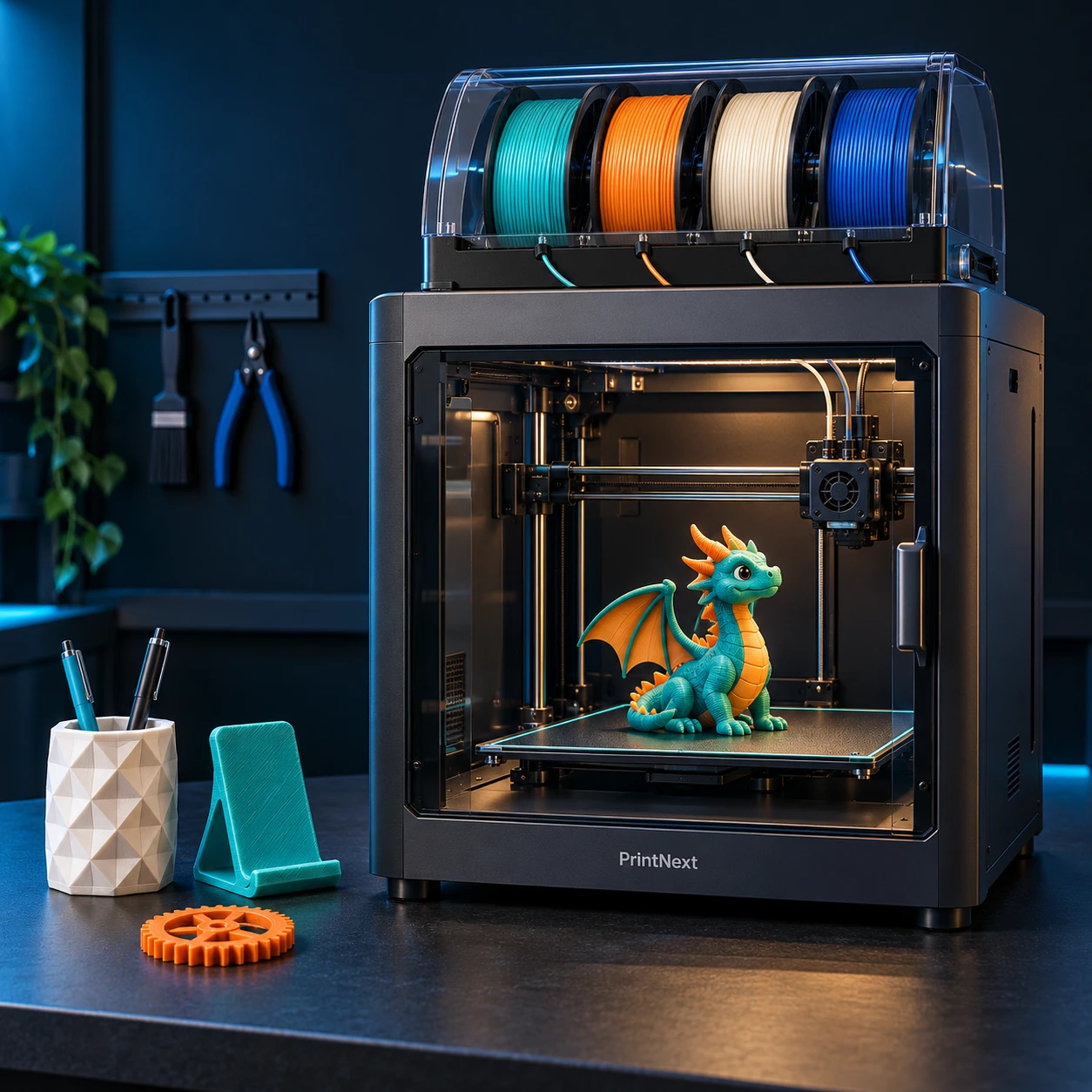 An organized enclosed 3D printer with four filament colors and a cyan and orange dragon on its build plate