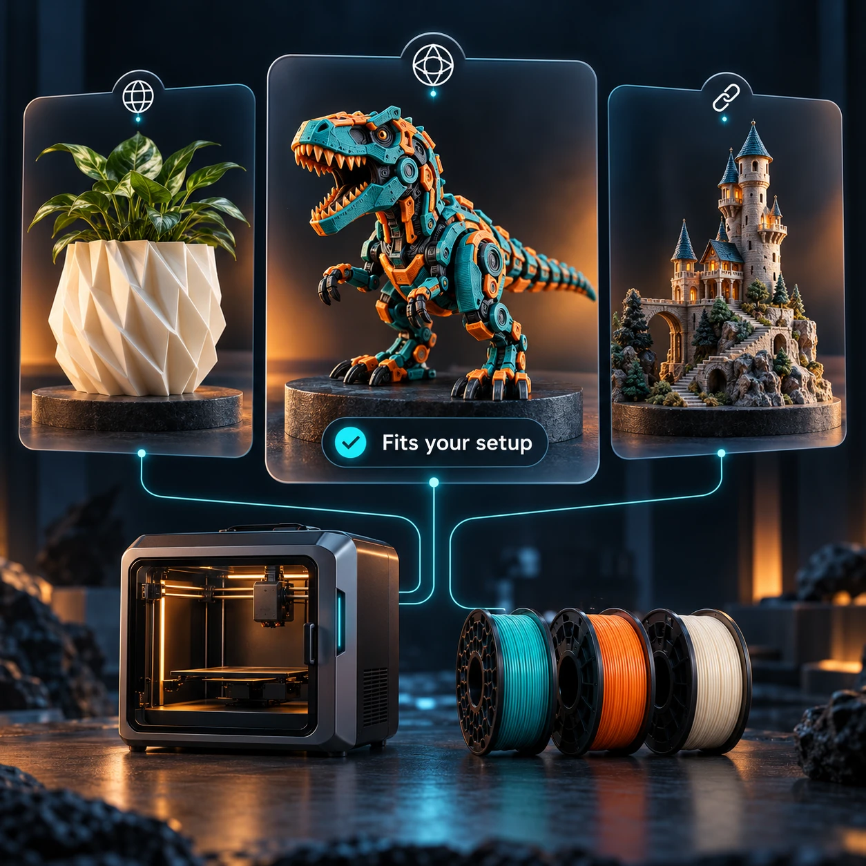 A planter, mechanical dinosaur, and castle connected to a printer and filament setup