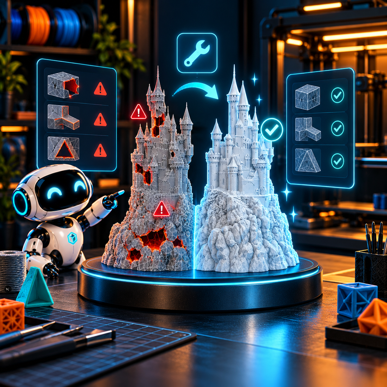 A robot comparing a damaged castle mesh with a repaired castle in a neon 3D printing workshop