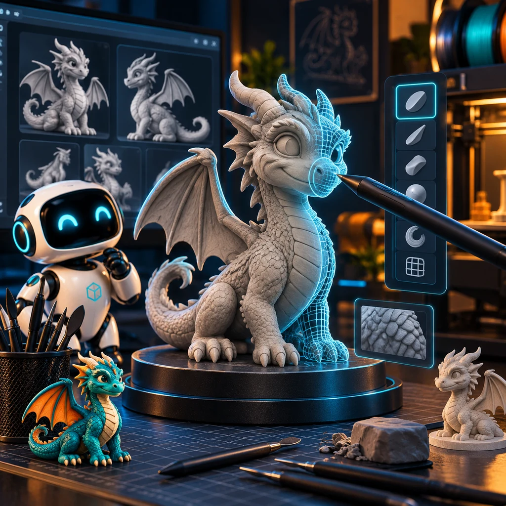 A friendly robot beside a clay dragon being shaped with a sculpting brush and a glowing mesh overlay