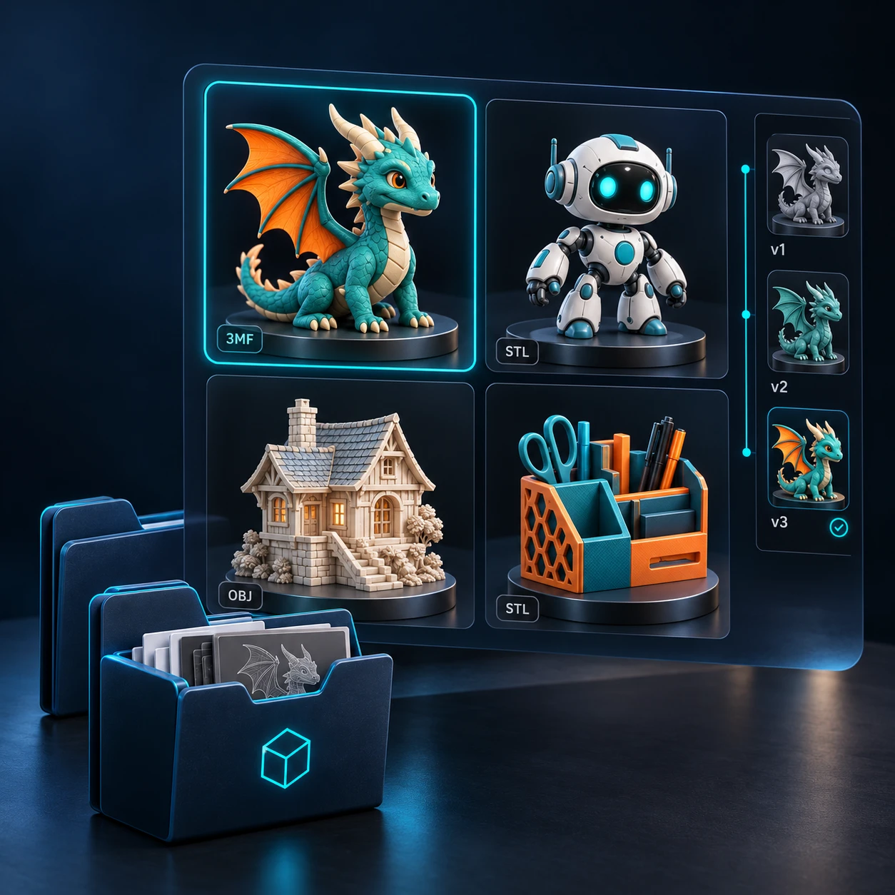 An organized 3D model library with folders, a dragon, robot, house, desk organizer, and saved model versions