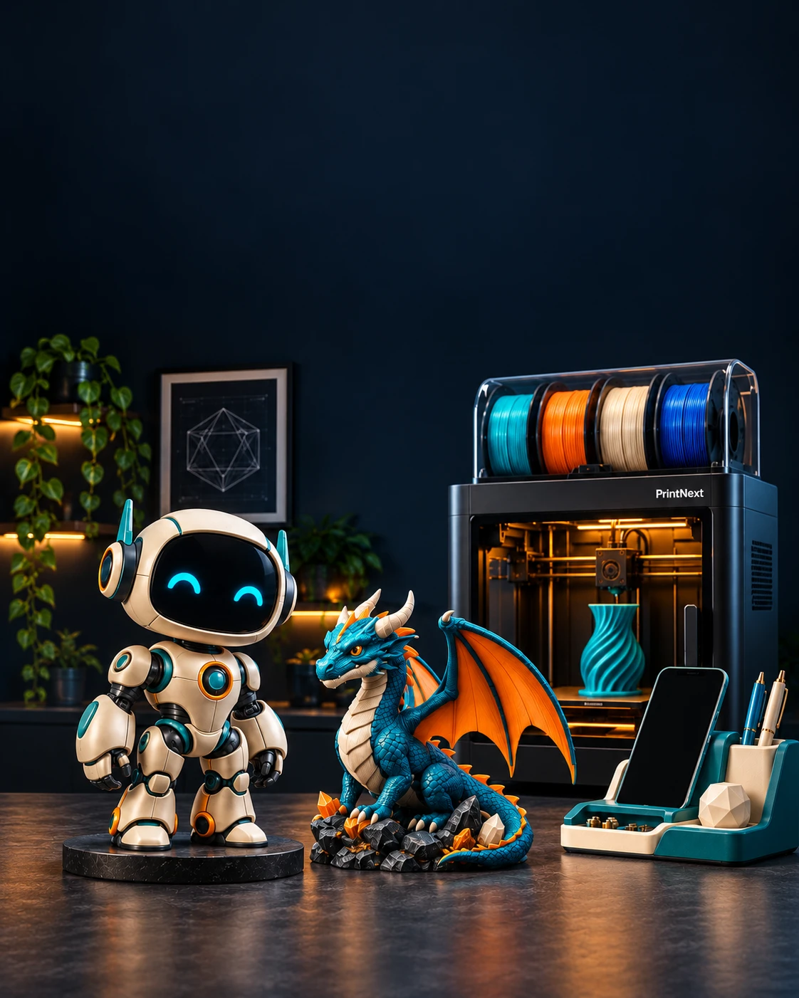 A friendly robot, cyan and orange dragon, 3D printer, and desk organizer in a PrintNext maker studio