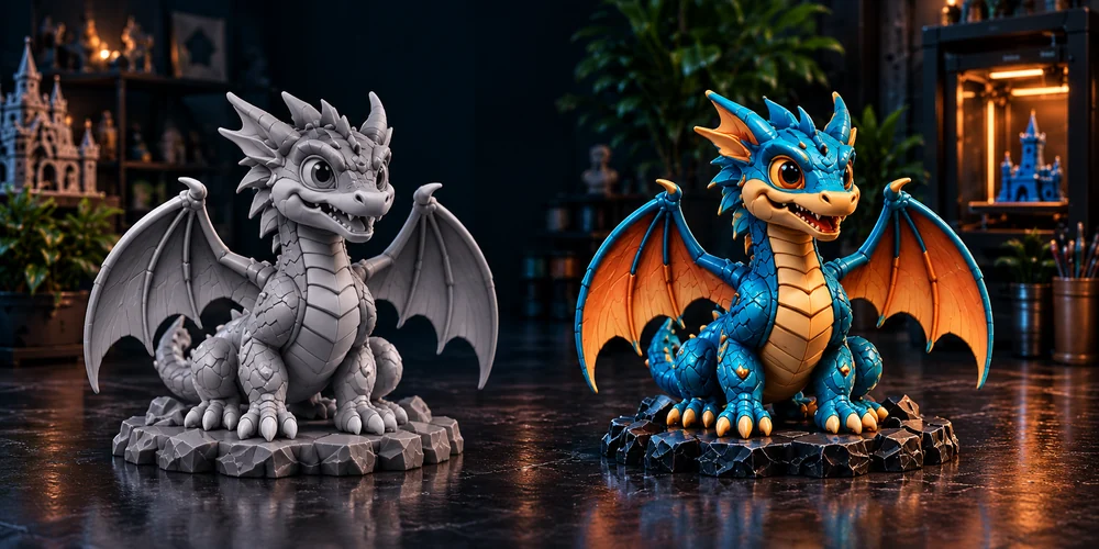 Illustrated dragon model before and after blue and orange coloring
