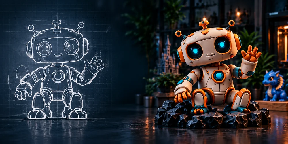 Illustration of a robot sketch becoming a finished 3D robot model
