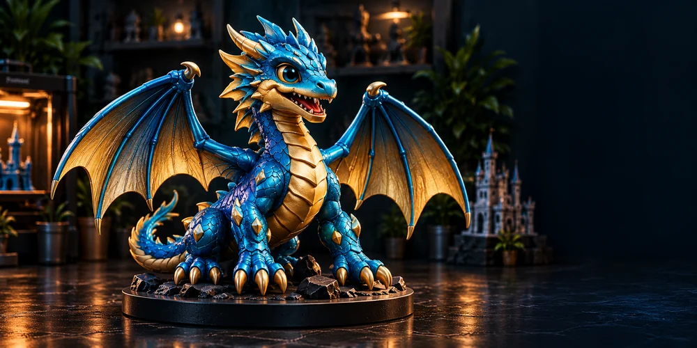 Illustrated blue and gold dragon beside a sample color palette