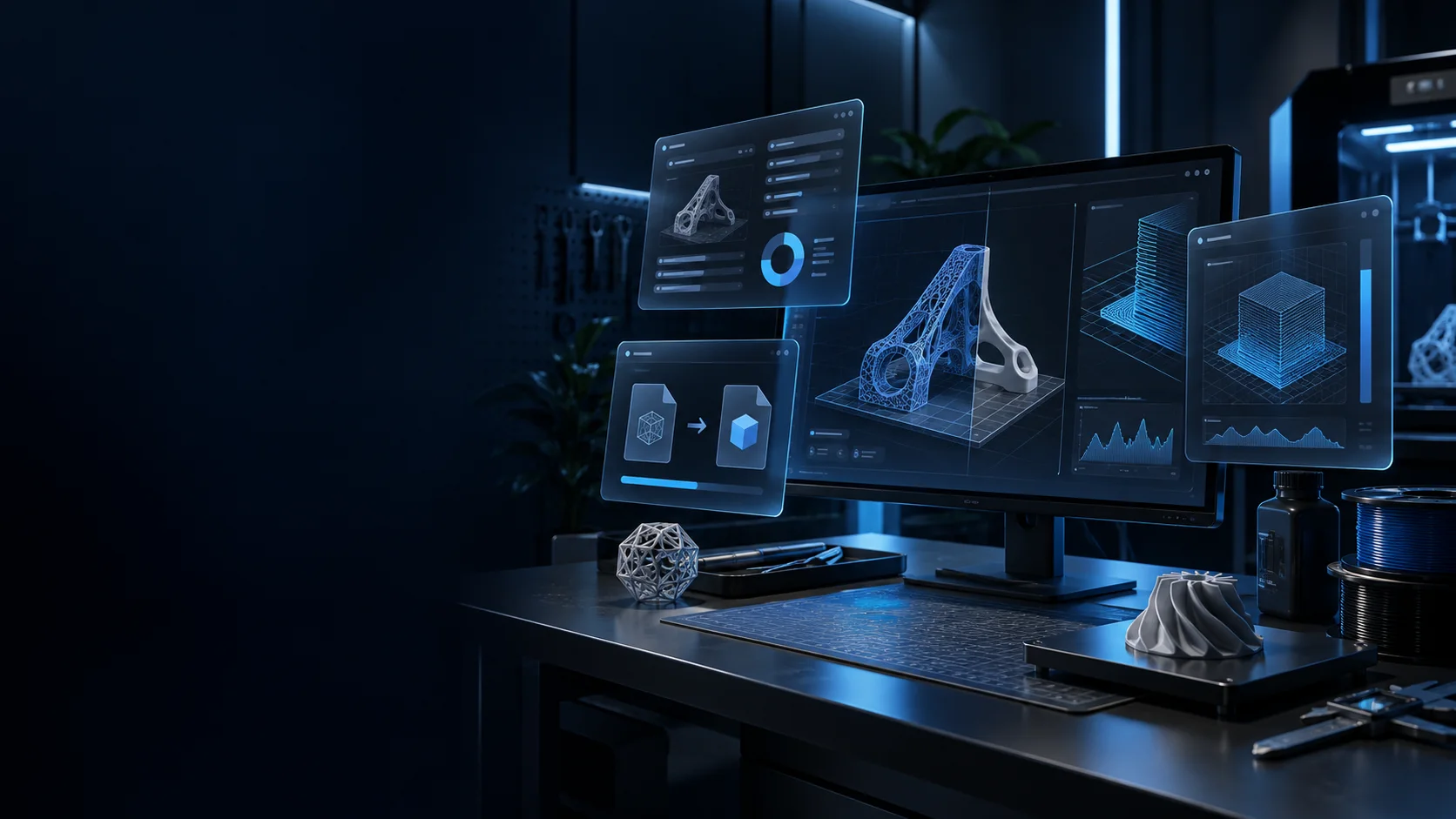 3D printing workstation representing PrintNext free file, cost, and G-code tools