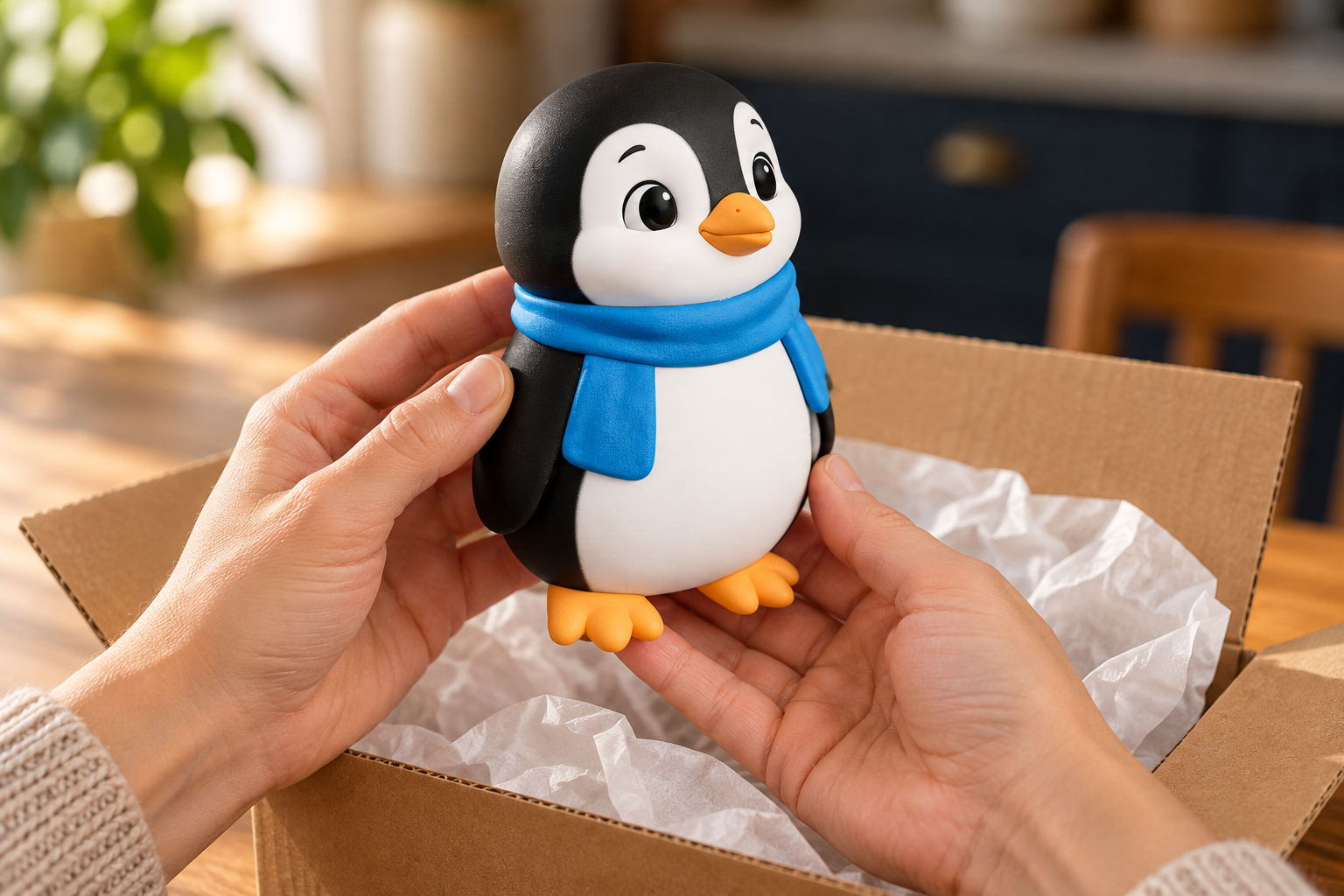 Example of a blue-scarf penguin being unboxed at home