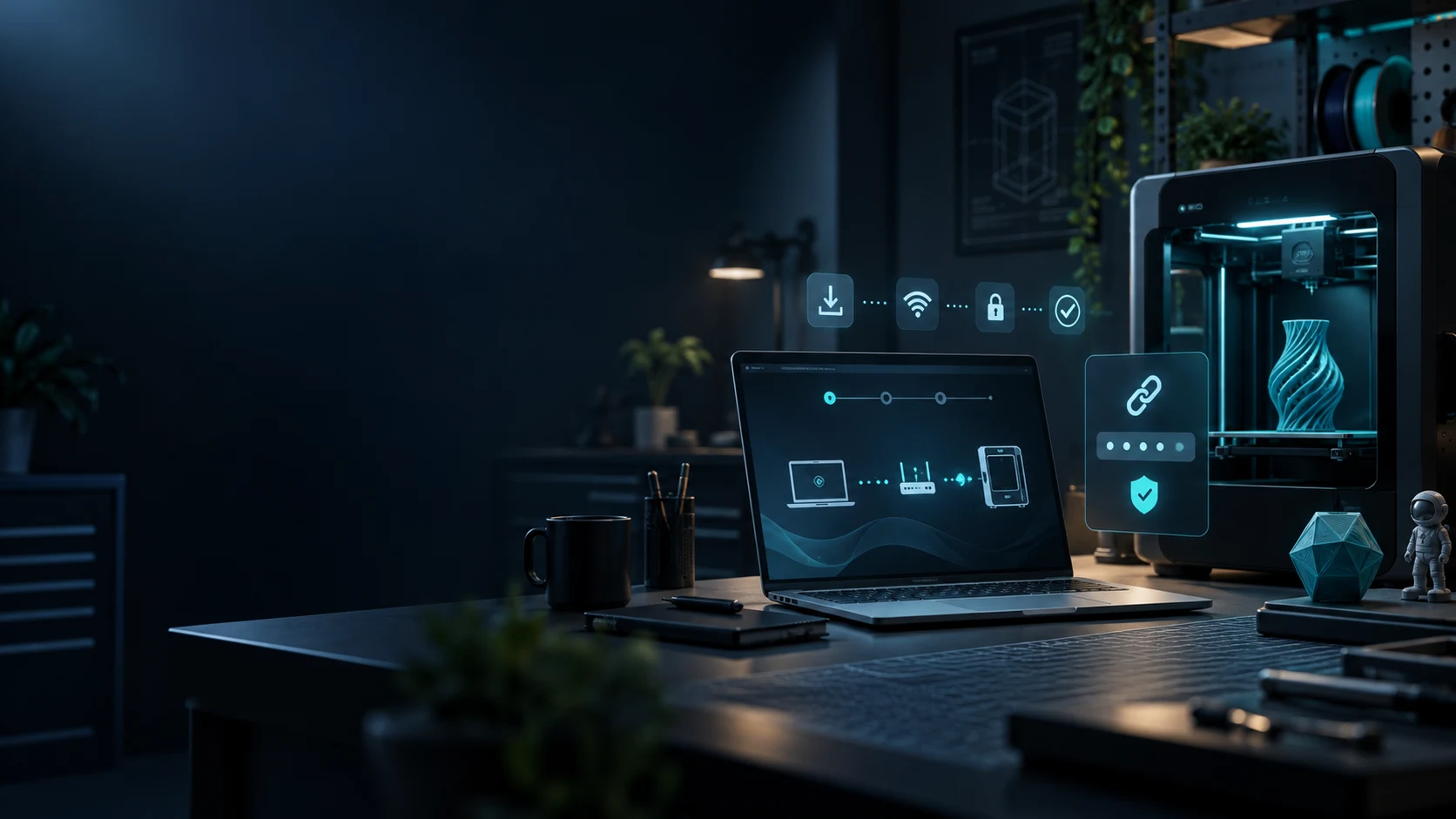 Illustrated workbench with a laptop, connection symbols and a 3D printer.