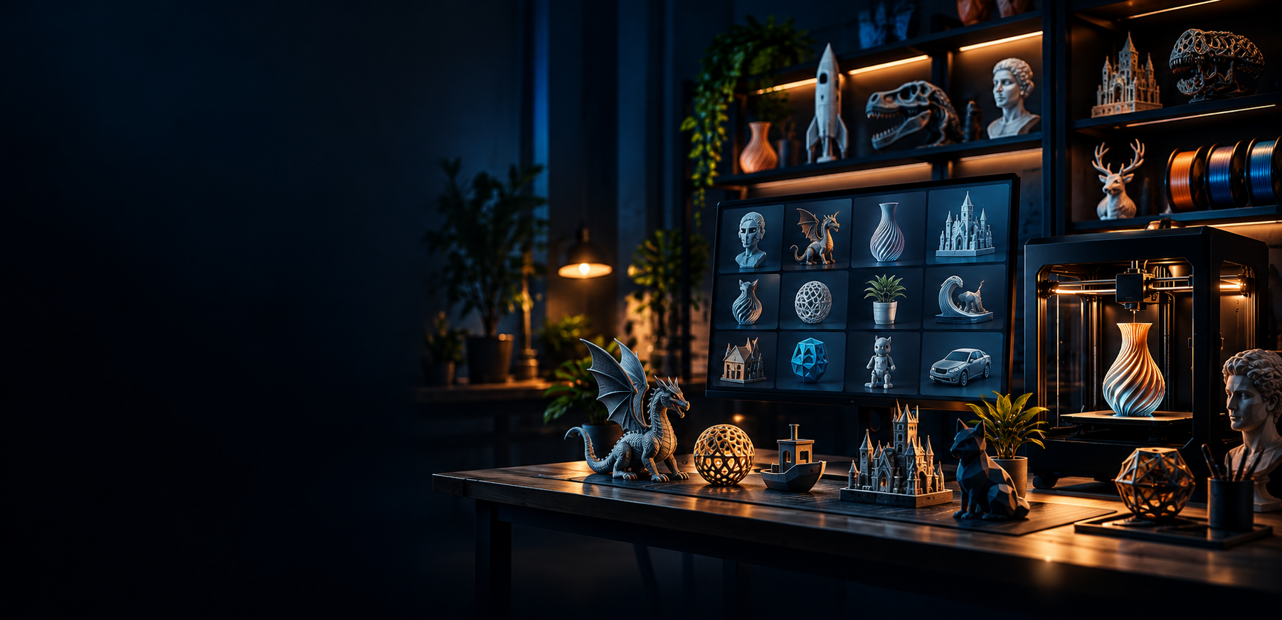 Illustrated community gallery of 3D printed dragons, sculptures and decorative models