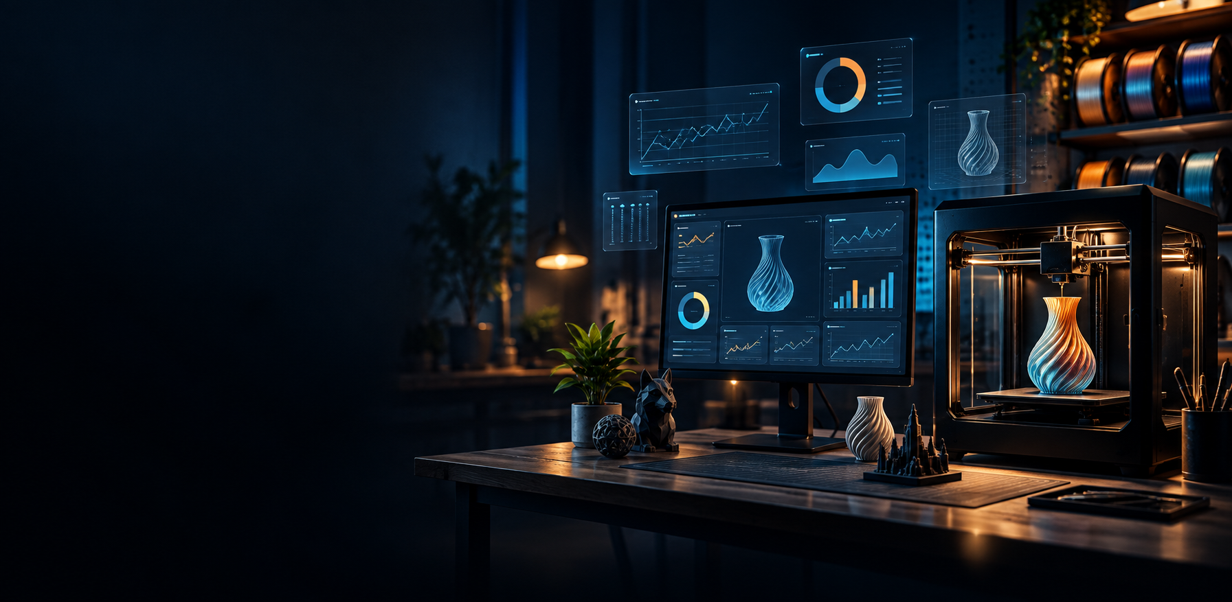 Illustrated PrintNext dashboard connecting 3D printing projects, filament use and print costs