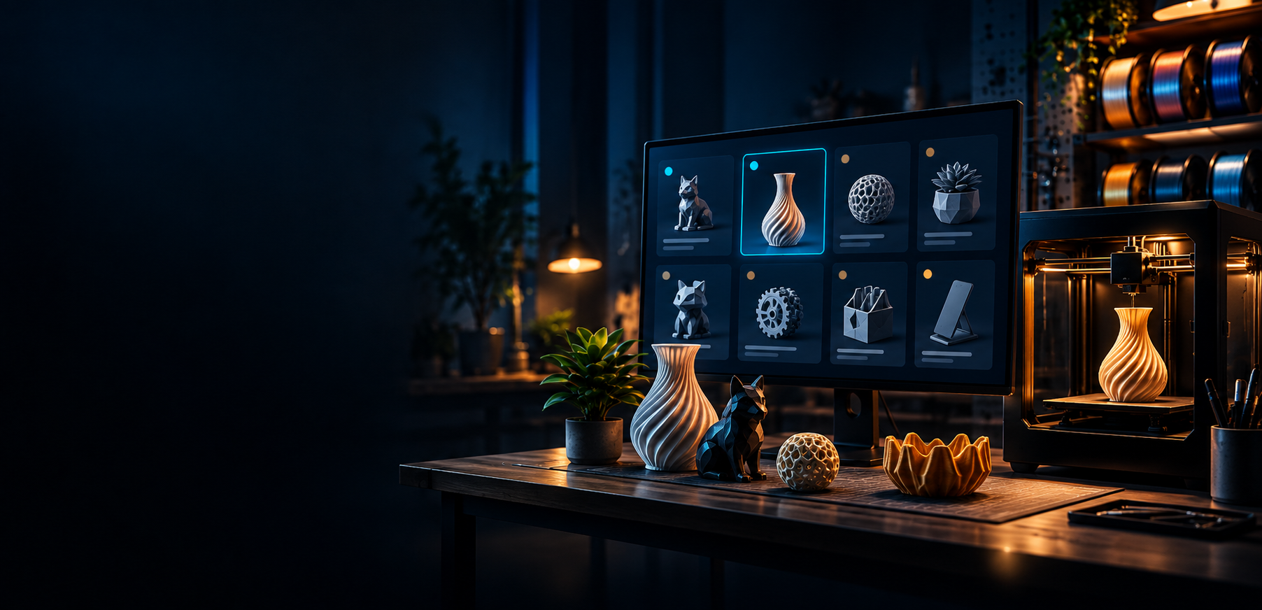 Illustration of 3D model recommendations beside printed vases and geometric objects