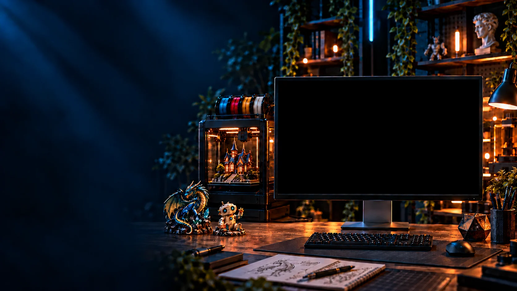 An illustrated maker desk with a computer monitor, colorful 3D prints, and a 3D printer