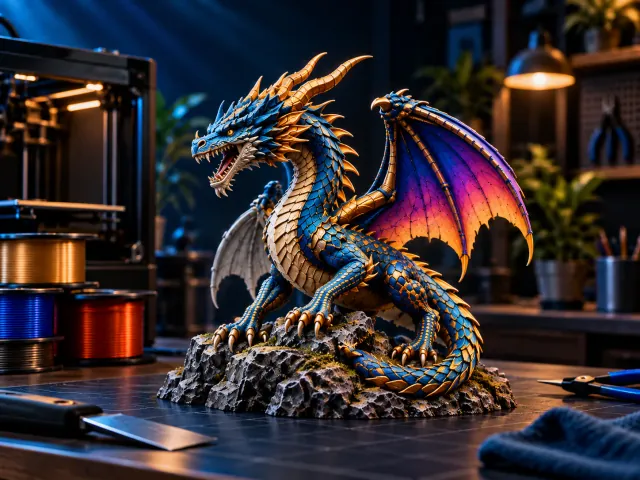 A finished blue, gold, and violet dragon print on a maker workbench