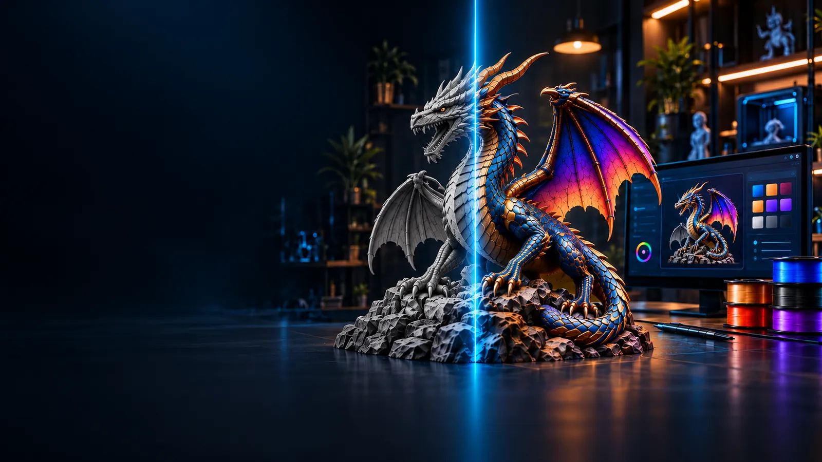 Dragon model illustrated before and after multicolor design in PrintNext Color Studio