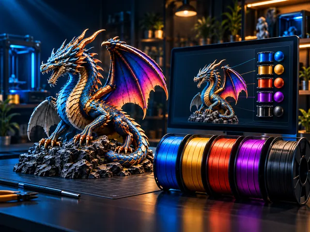 A multicolor dragon model beside filament spools and a digital color palette