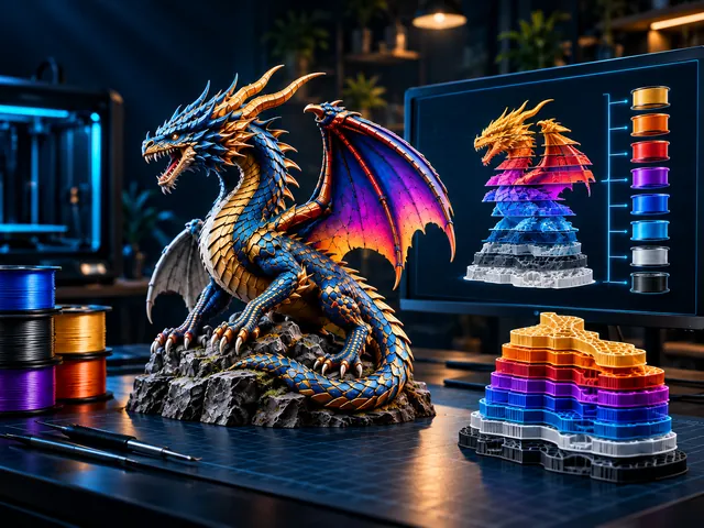 A multicolor dragon beside a layer preview prepared for multicolor 3MF export