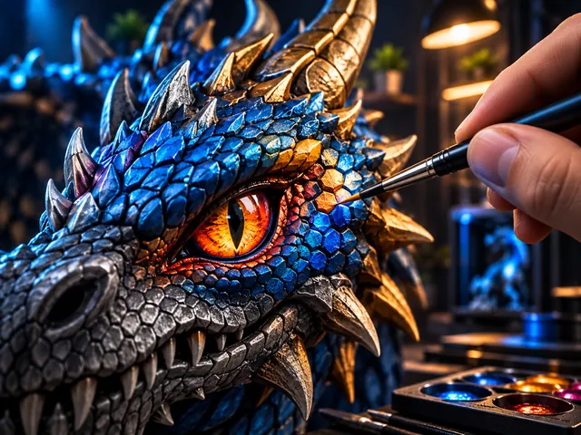 A maker precisely recoloring the eye of a detailed dragon model