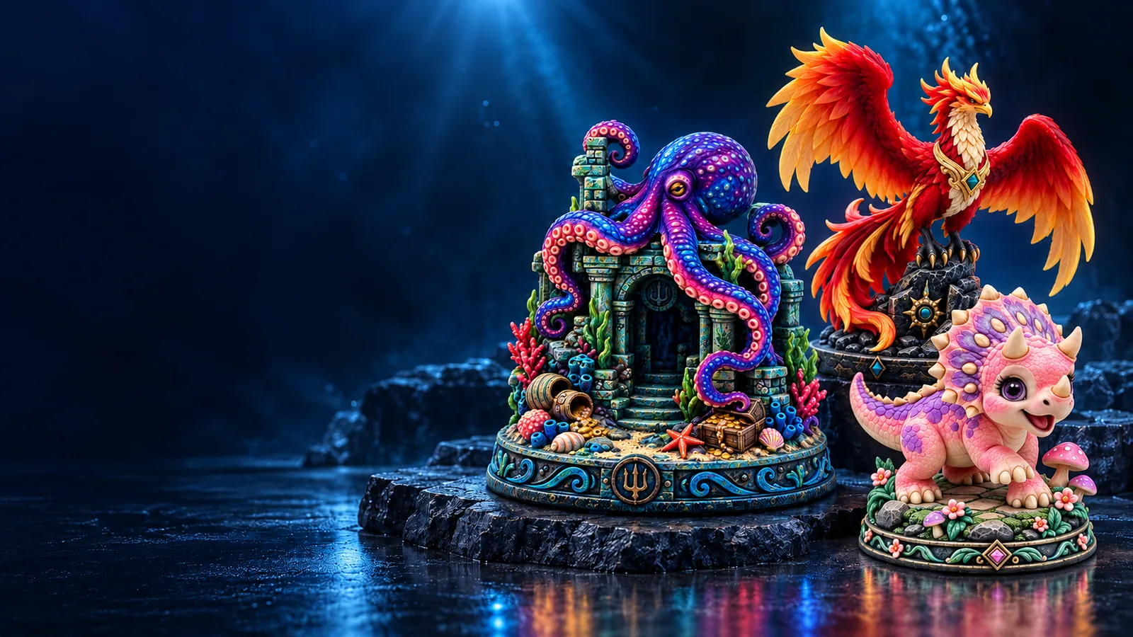 Full-color octopus, phoenix and triceratops figurines illustrating PrintNext 3D printing services