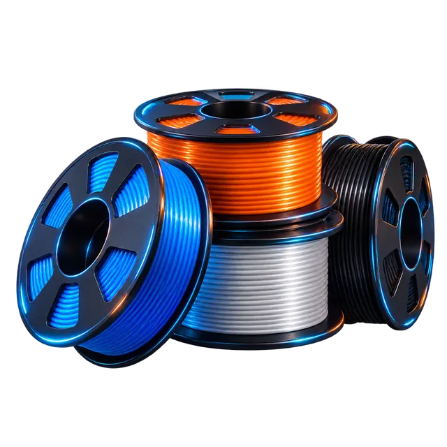 Blue, orange, white, and black filament spools