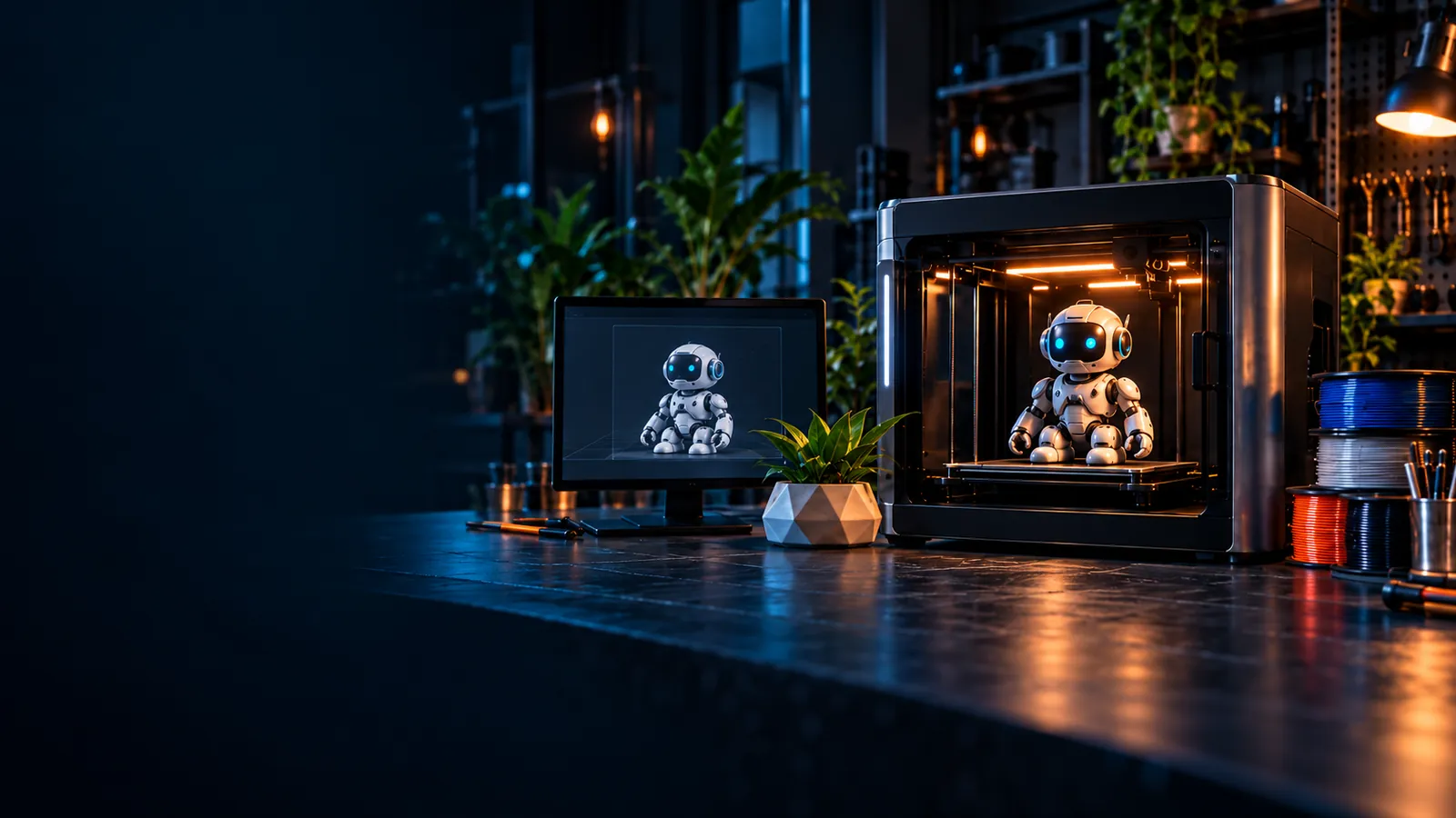 A connected 3D printing workspace with a robot model, printer, and filament