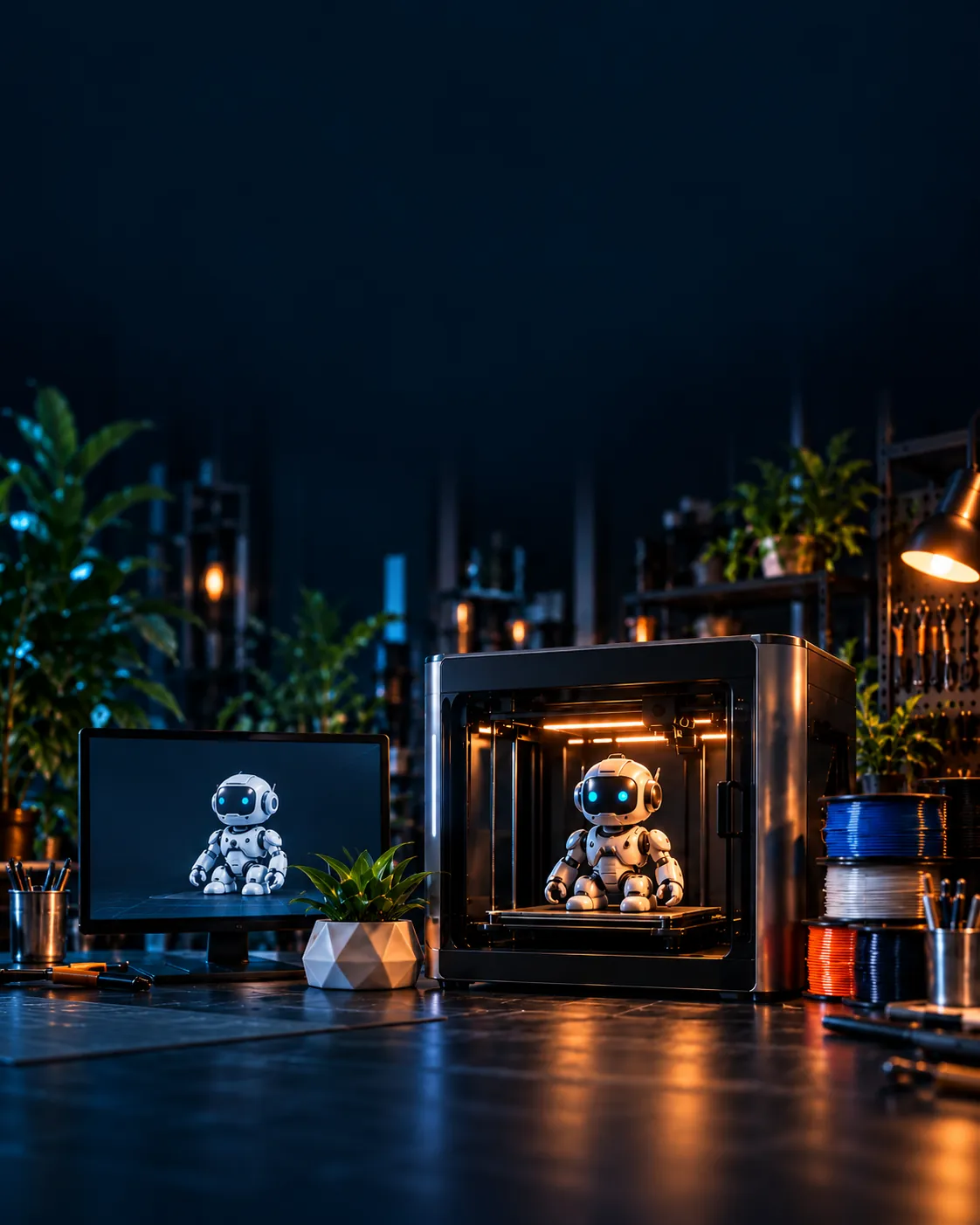 A 3D printer producing a small robot beside its matching digital model
