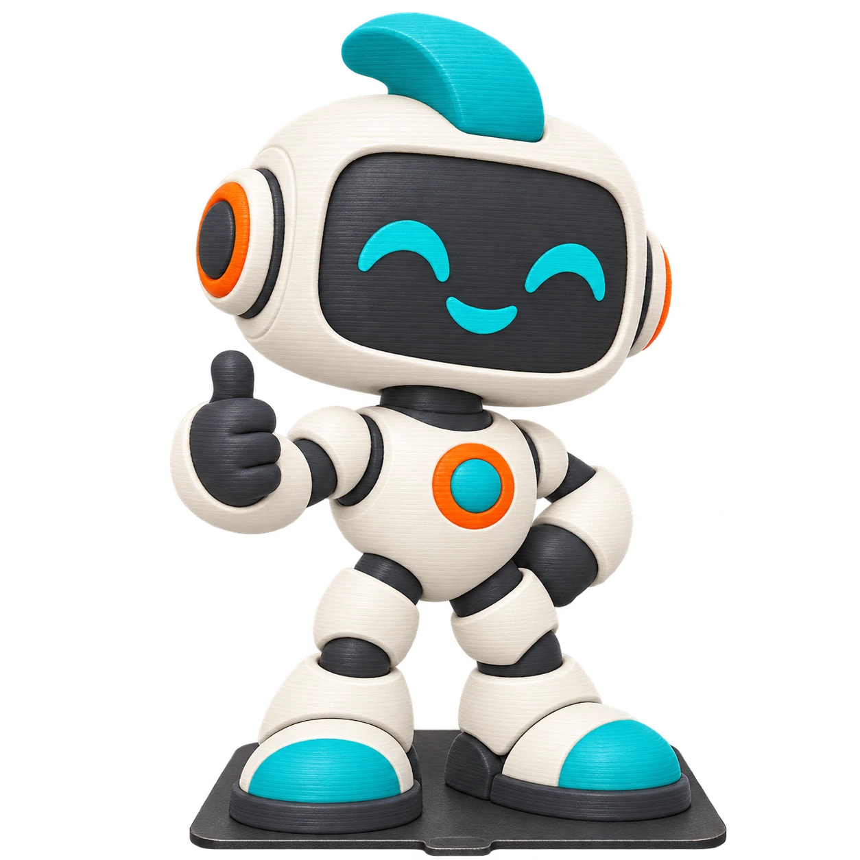 Illustration of a multicolor friendly robot 3D print with visible layers on a build plate