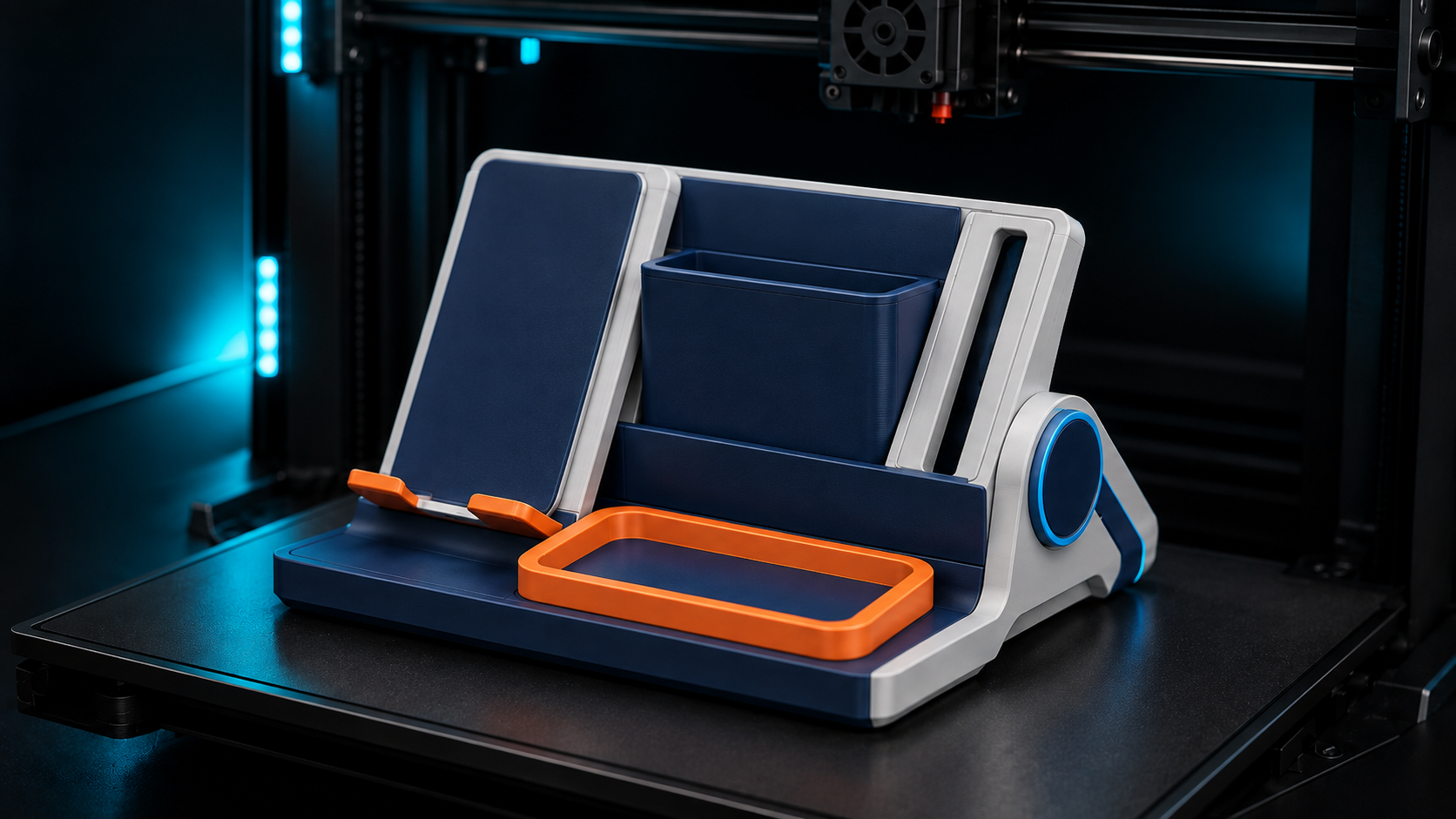 Finished PrintNext desk organizer shown printing on a 3D printer