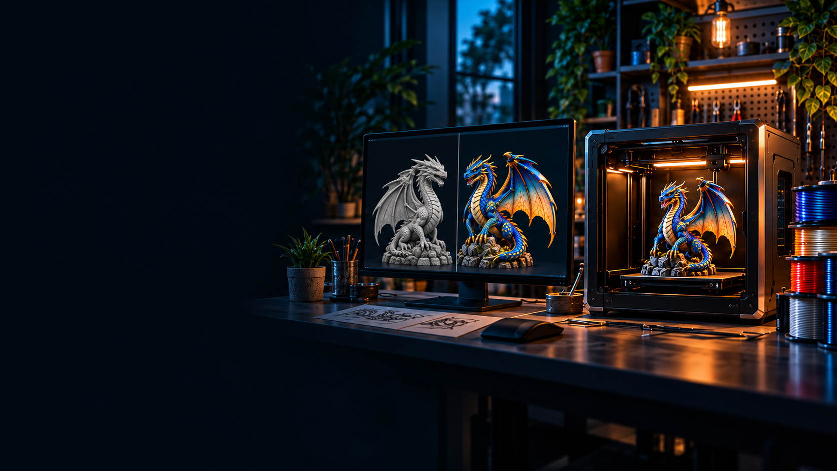 A connected 3D printing workspace showing a digital dragon model beside its finished physical print