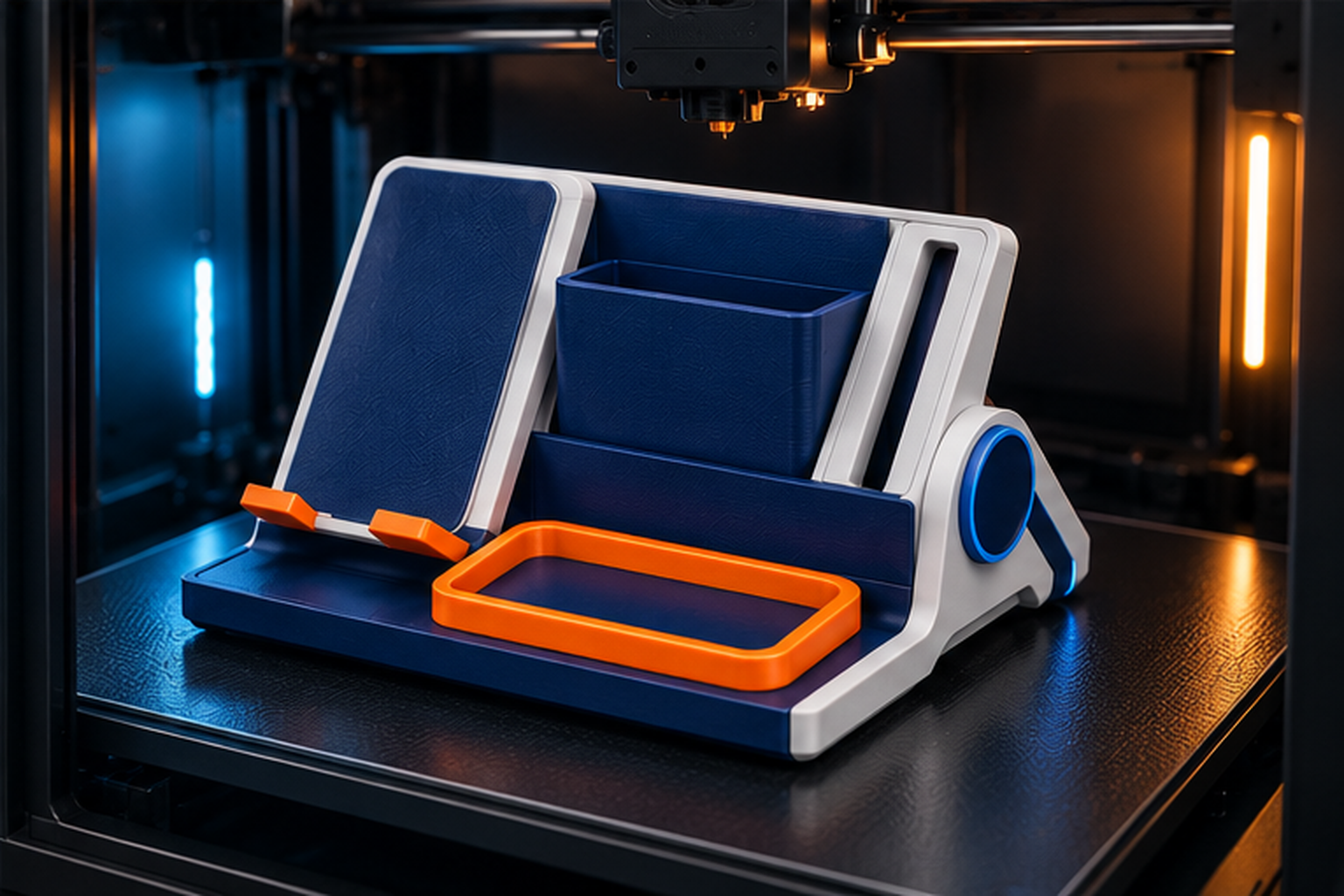 Finished PrintNext desk organizer shown printing on a 3D printer