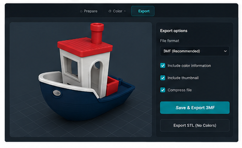 PrintNext Color Studio export panel with 3MF selected and color information included