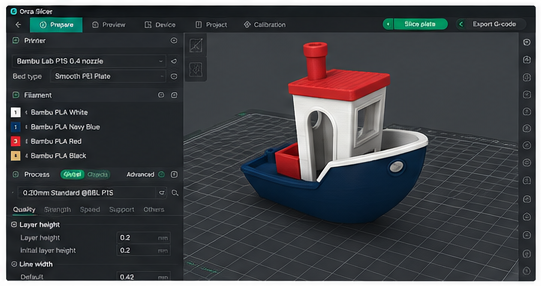Multicolor Benchy 3MF opened in OrcaSlicer with four filament assignments visible
